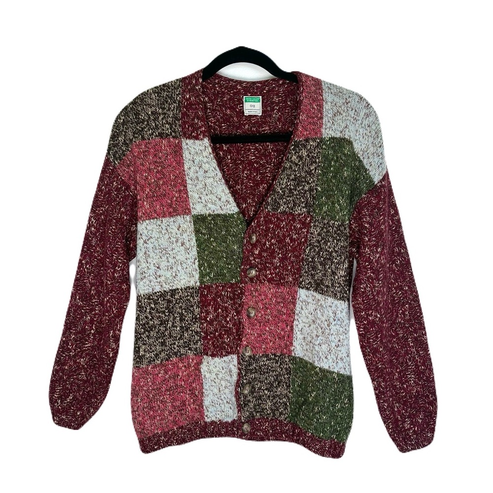 Vintage United Colors of Benetton Patchwork Print Wool Blend Cardigan M/L